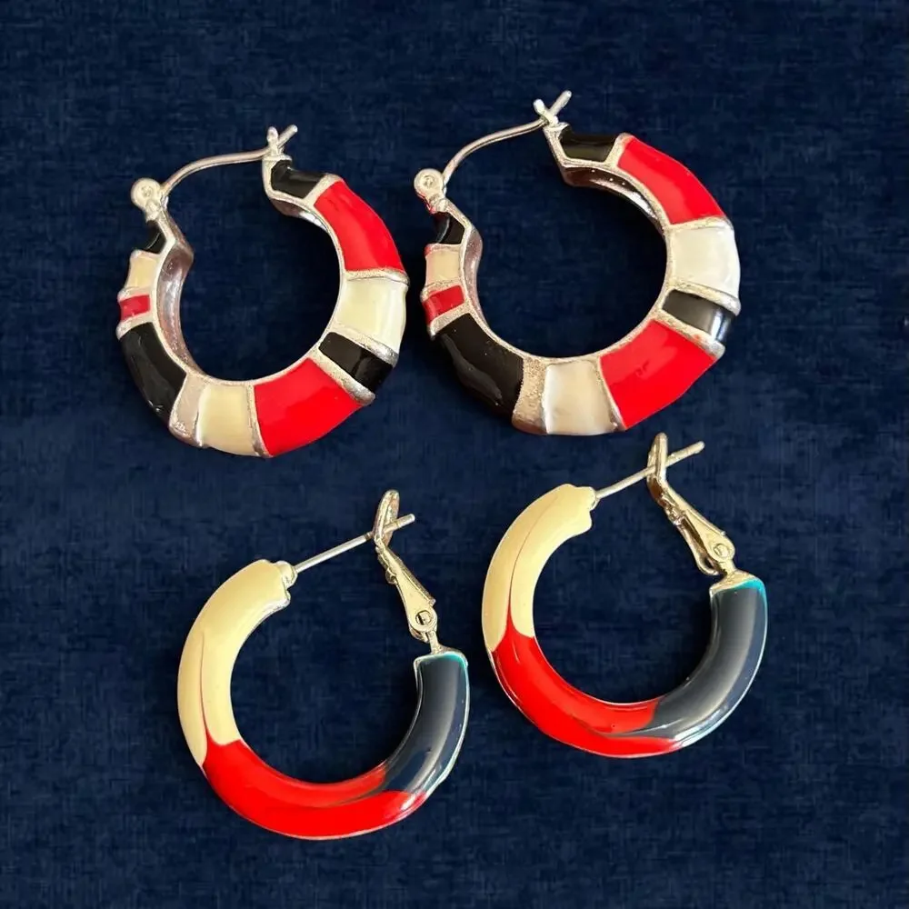 Vintage Red White Blue Enamel Hoop Earringsl Costume Jewelry 1” Patriotic Hoops